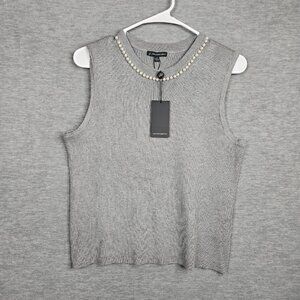 ADRIANNA PAPELL Women's Gray Imitation Pearl Ribbed Sleeveless Sweater Sz L NEW